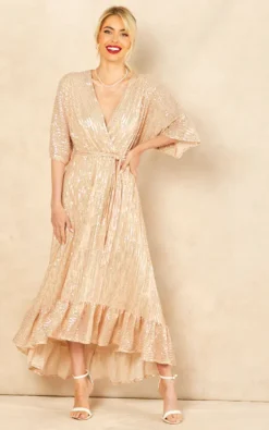 Sequin Plunge Maxi Dress In Gold
