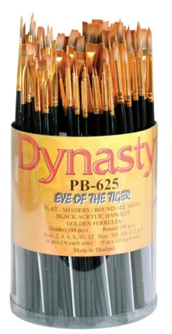 Dynasty FM Brush PB-625 Synthetic Hair Acrylic Handle Paint Brush Set, Assorted Size, Black/Gold, Set Of 96