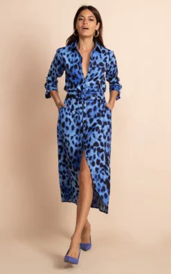 Alva Midi Shirt Dress In Bright Blue Leopard Recycled Materials