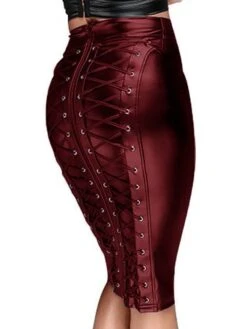 Gothic Faux Leather Back Zipper Lace-up Wrap Midi Skirt