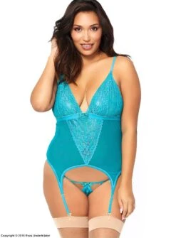 Front Page 30 Soft Bustier, Sheer Mesh, Built-in Garter Belt, Lace Panel, Plus Size